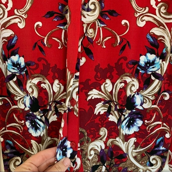 Dana Buchman Vintage y2k Inspired Red Floral Ornate Long Sleeve Blouse Small - Picture 5 of 8